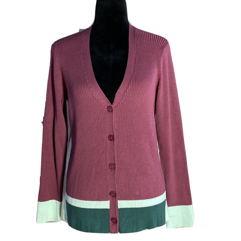 NWT Design‎ History Cardigan MED Maroon Combo Green Mint Rib Long Sl Sweater